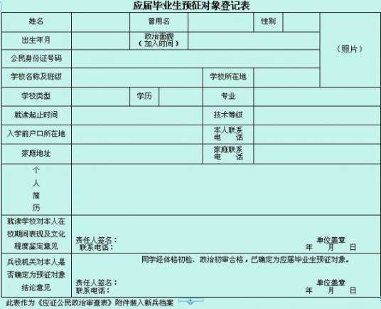 应届高校毕业生预征对象登记表